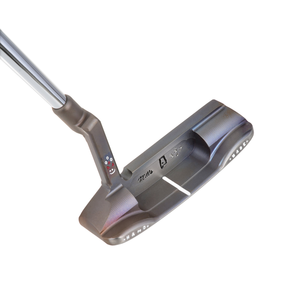 T.P. Mills SGSS Trad II J.S. Design handmade putter in Dark Flamed finish, toe-side cavity view