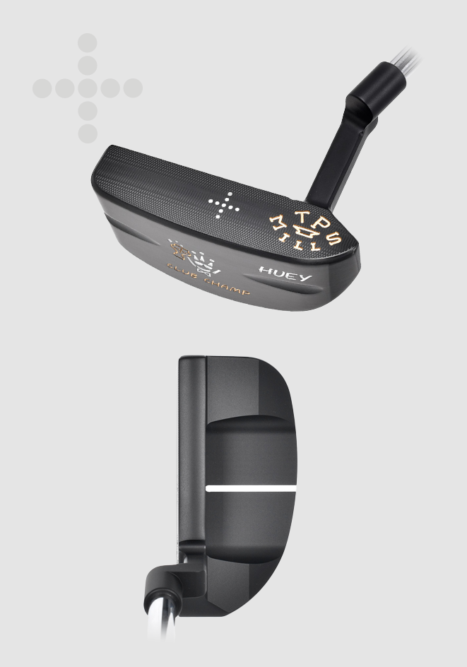 T.P. Mills Huey PVD compact black mallet putter, cavity and address views
