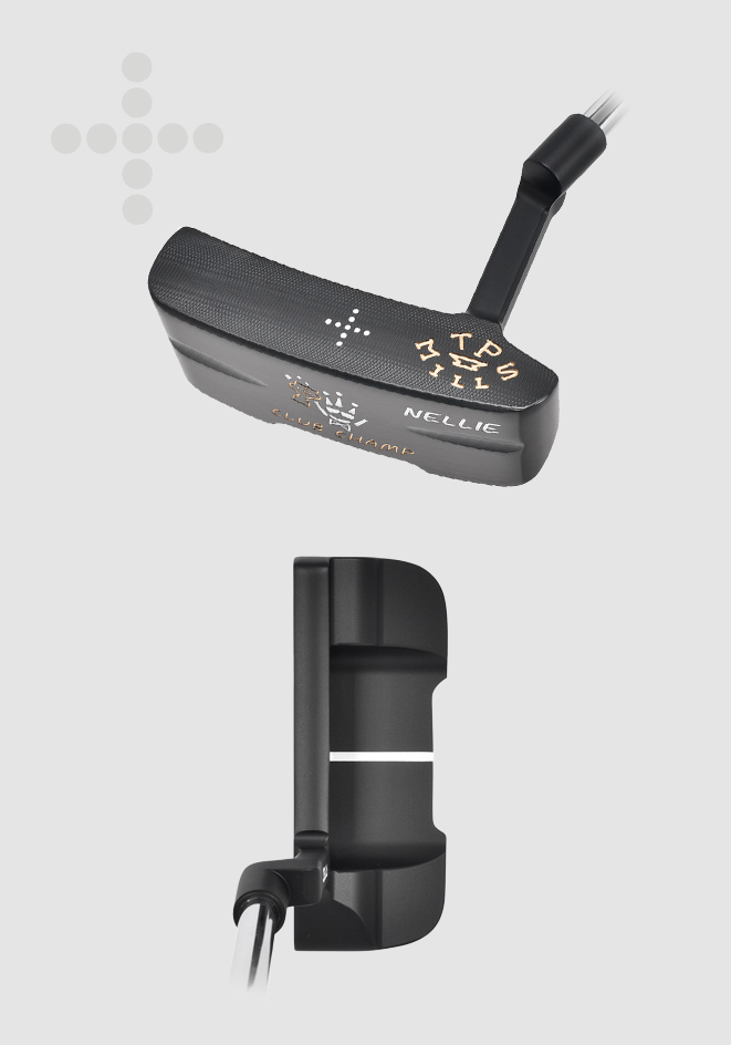 T.P. Mills Nellie PVD black wide-blade putter, cavity and address views