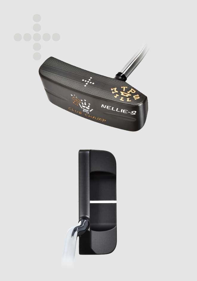 T.P. Mills Nellie S PVD short-hosel wide-blade putter, cavity and address views