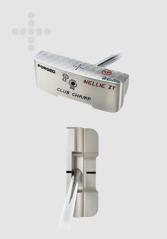 T.P. Mills Nellie ZT Zero Torque wide-blade putter, cavity and address views