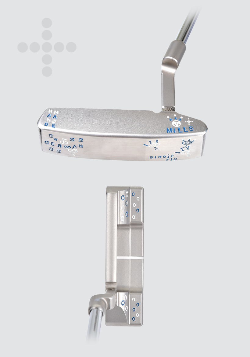 T.P. Mills SGSS Flat T Birdie Tic handmade putter in Tour Platinum finish