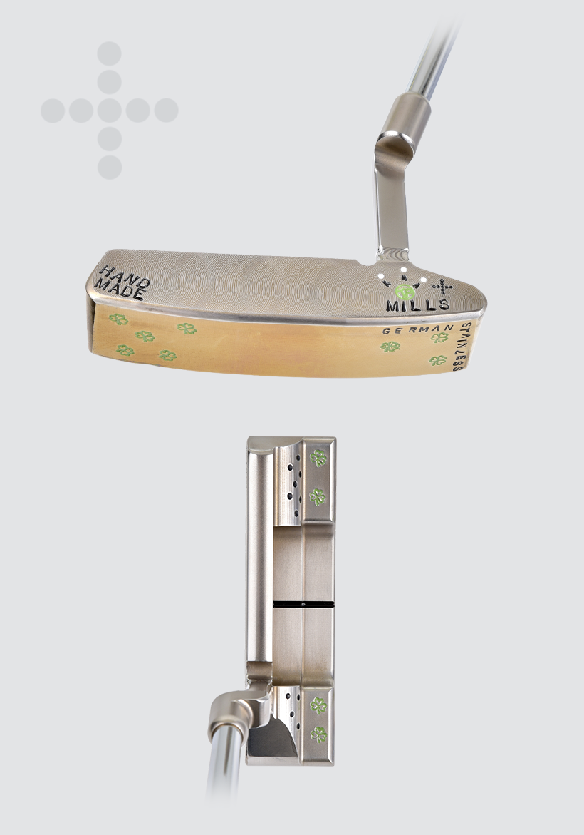 T.P. Mills SGSS Flat T Lucky Charm handmade putter in light-gold torch-flamed finish