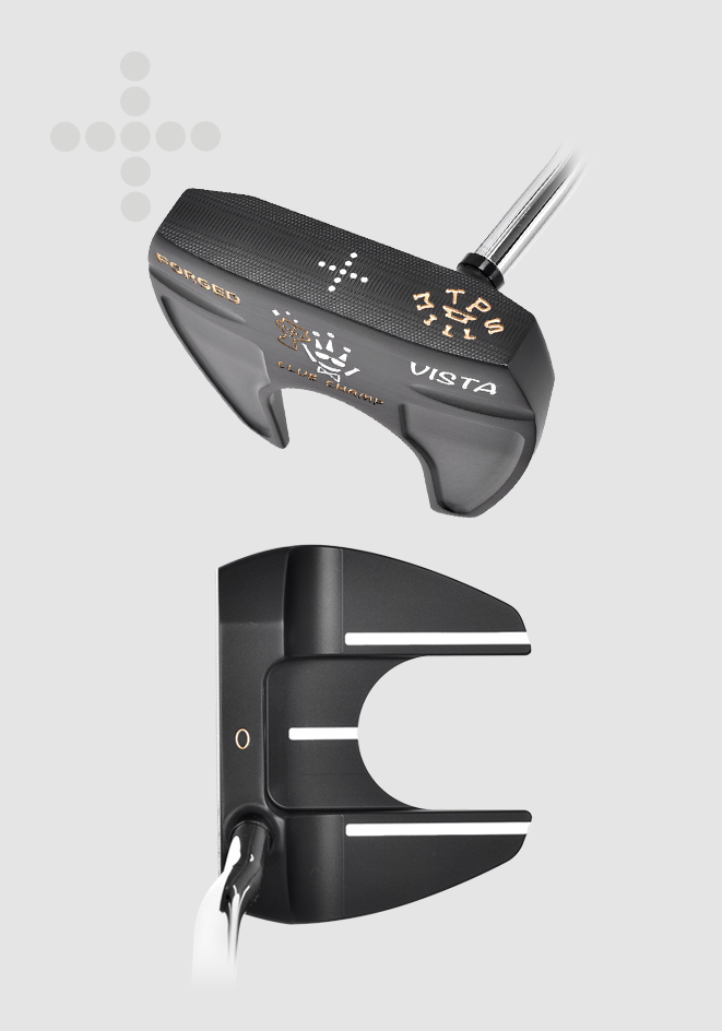 T.P. Mills Vista PVD black open-center mallet putter, cavity and address views